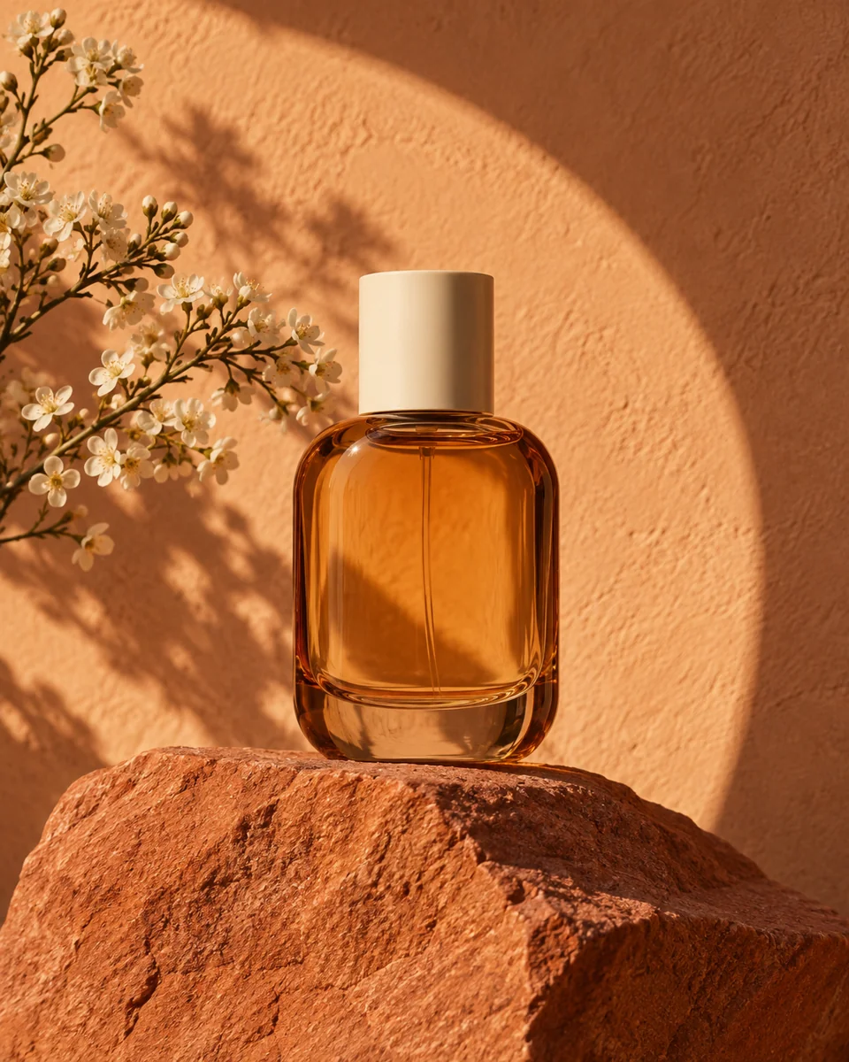 AI-generated product photograph of an amber perfume bottle on sandstone in afternoon light