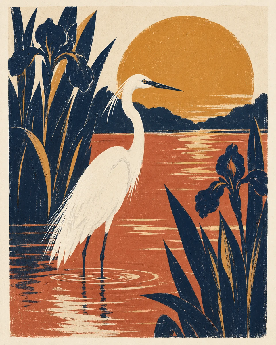 AI-generated graphic print: a white egret framed by navy leaves, a terracotta pond and an ochre sun, without lettering