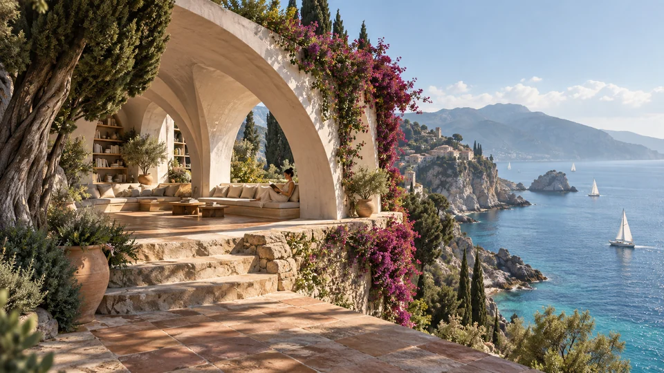 AI-generated architectural concept: cream concrete arches and a reading terrace on a Mediterranean cliff above the sea
