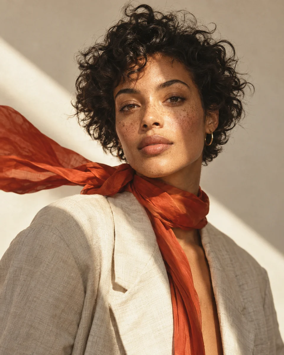 AI-generated editorial portrait: a woman with curly hair, a vermilion scarf and warm sunlight