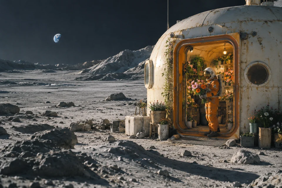 AI-generated lunar flower shop, an astronaut with a bouquet and Earth above the horizon in warm morning light