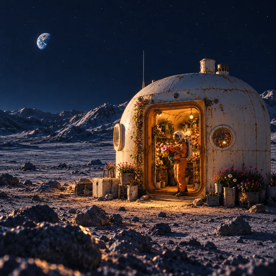 1:1 square example: the lunar shop doorway is the focal point at blue hour