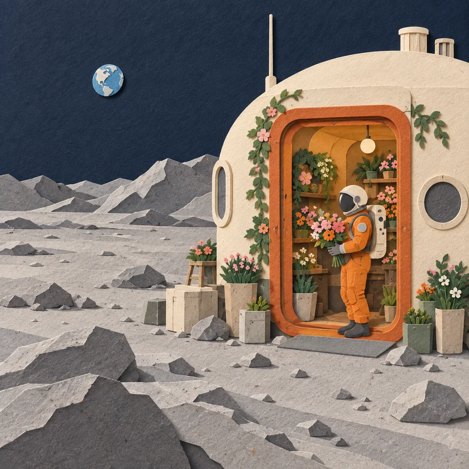 Reference-led result reinterpreting the shop and astronaut as a layered cut-paper diorama