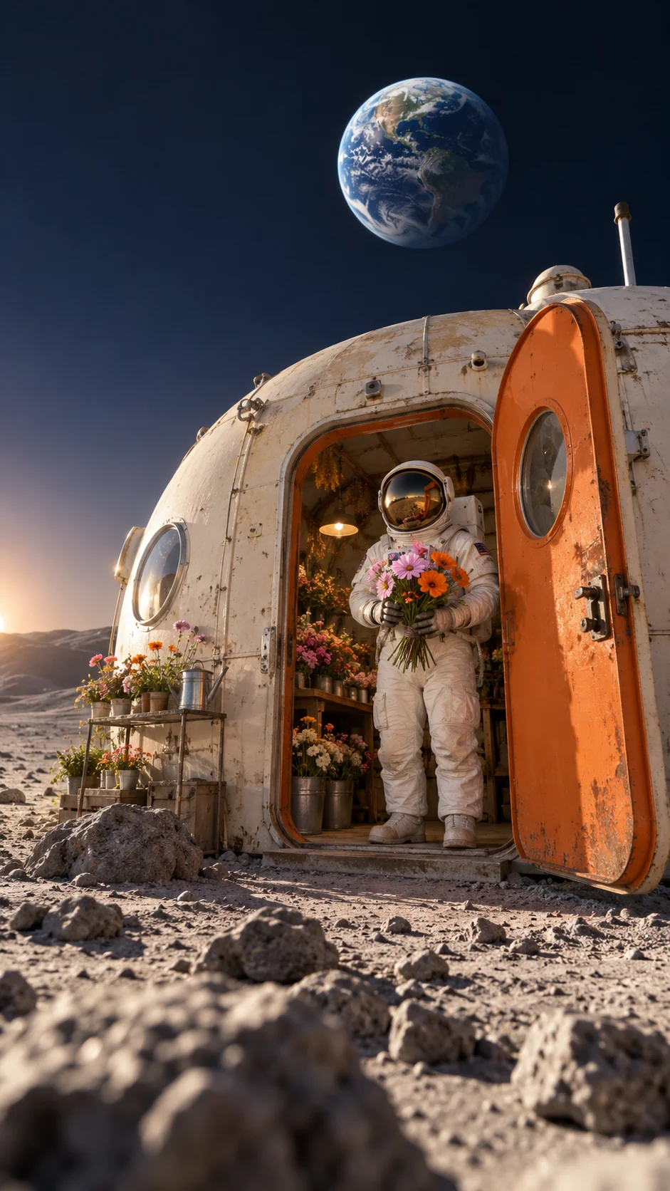 9:16 story example: a tall lunar shop scene with Earth high above the astronaut