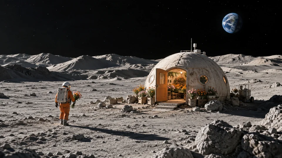 16:9 landscape example: a lunar shop within a broad rocky horizon
