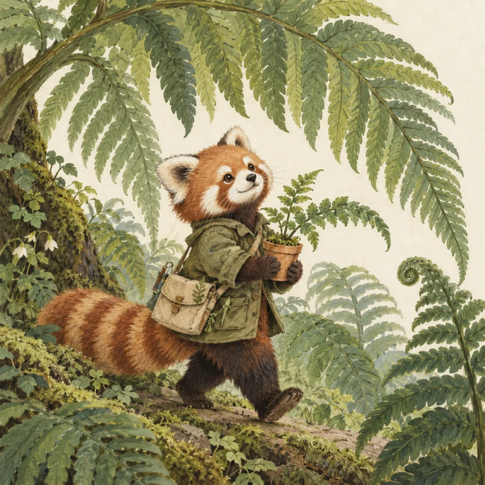 AI-generated character illustration of a red panda botanist carrying a terracotta pot